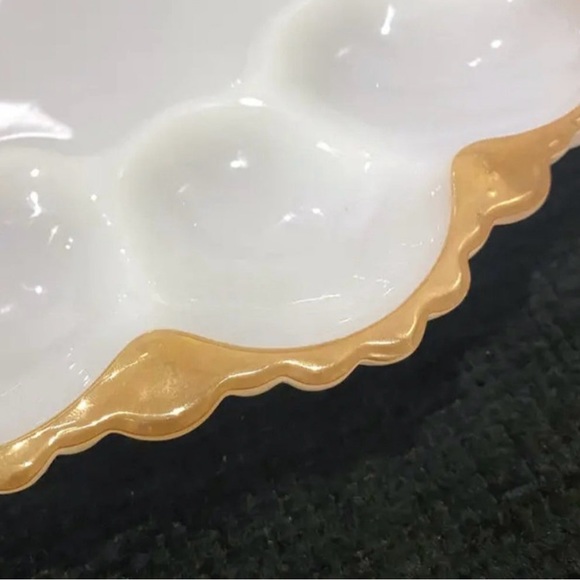 Egg plater Vtg Anchor Hocking Milk Glass 12 Deviled Egg Plate
Gold Trim Ornate - Picture 8 of 10